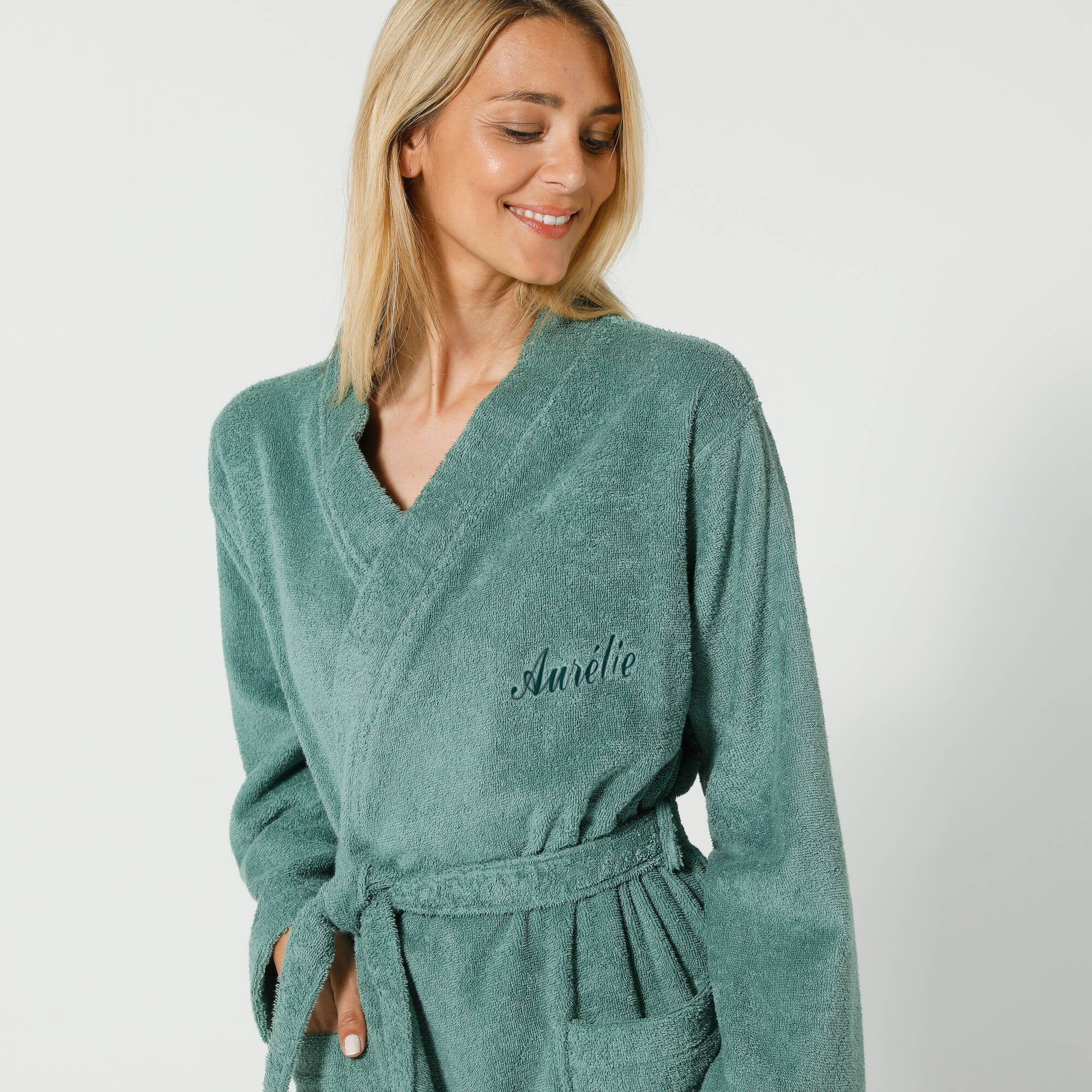 Peignoir mixte adulte uni coton éponge bouclette col kimono personnalisable