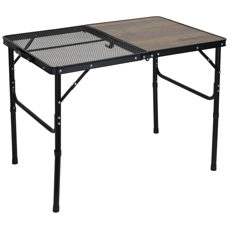Table camping pliable décor bois et acier finition grille noir 90x60xH66cm