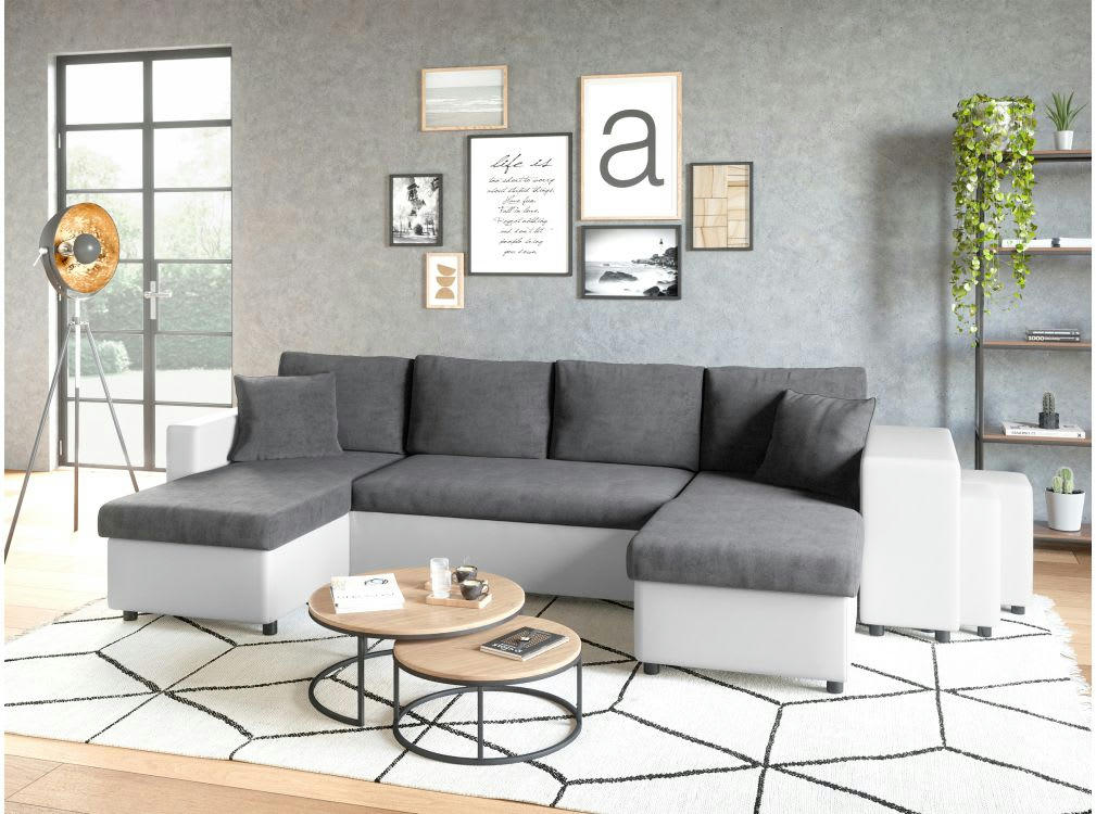 OSLO - Canapé d'angle panoramique 6 places  - poufs à droit - Blanc/Gris
