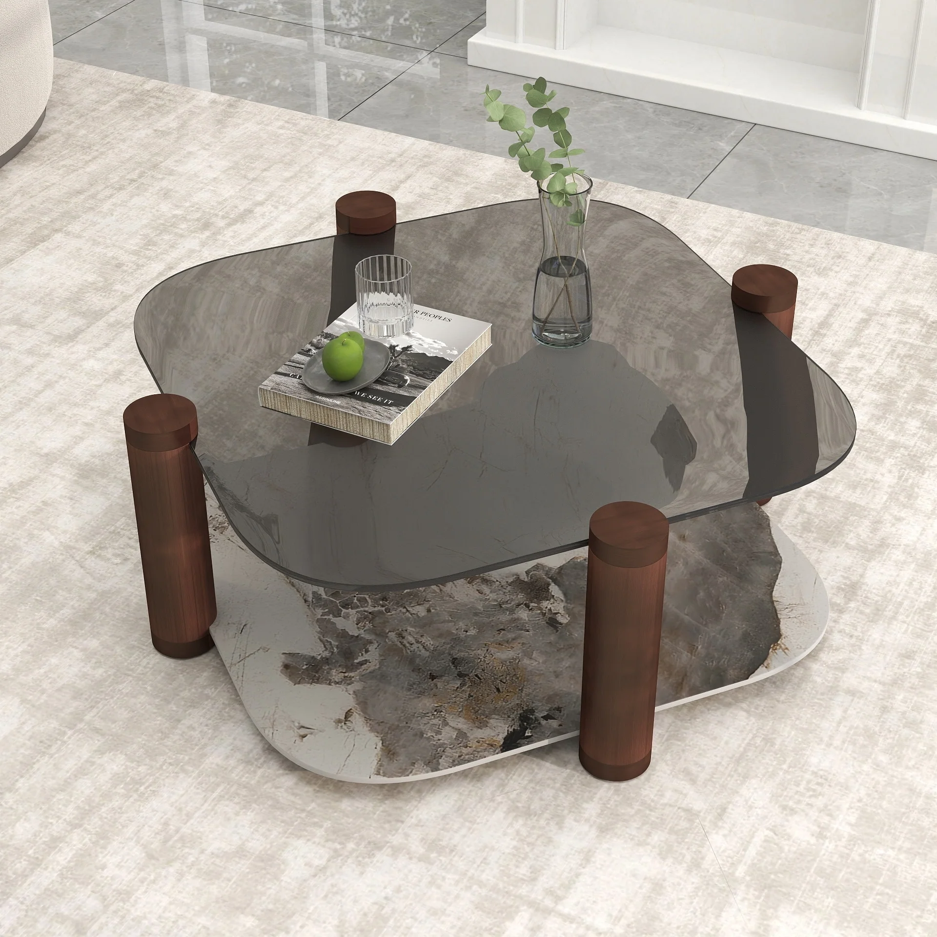 35 in. Square Tempered Glass and Stone Tabletop Modern Coffee Table with Steel legs