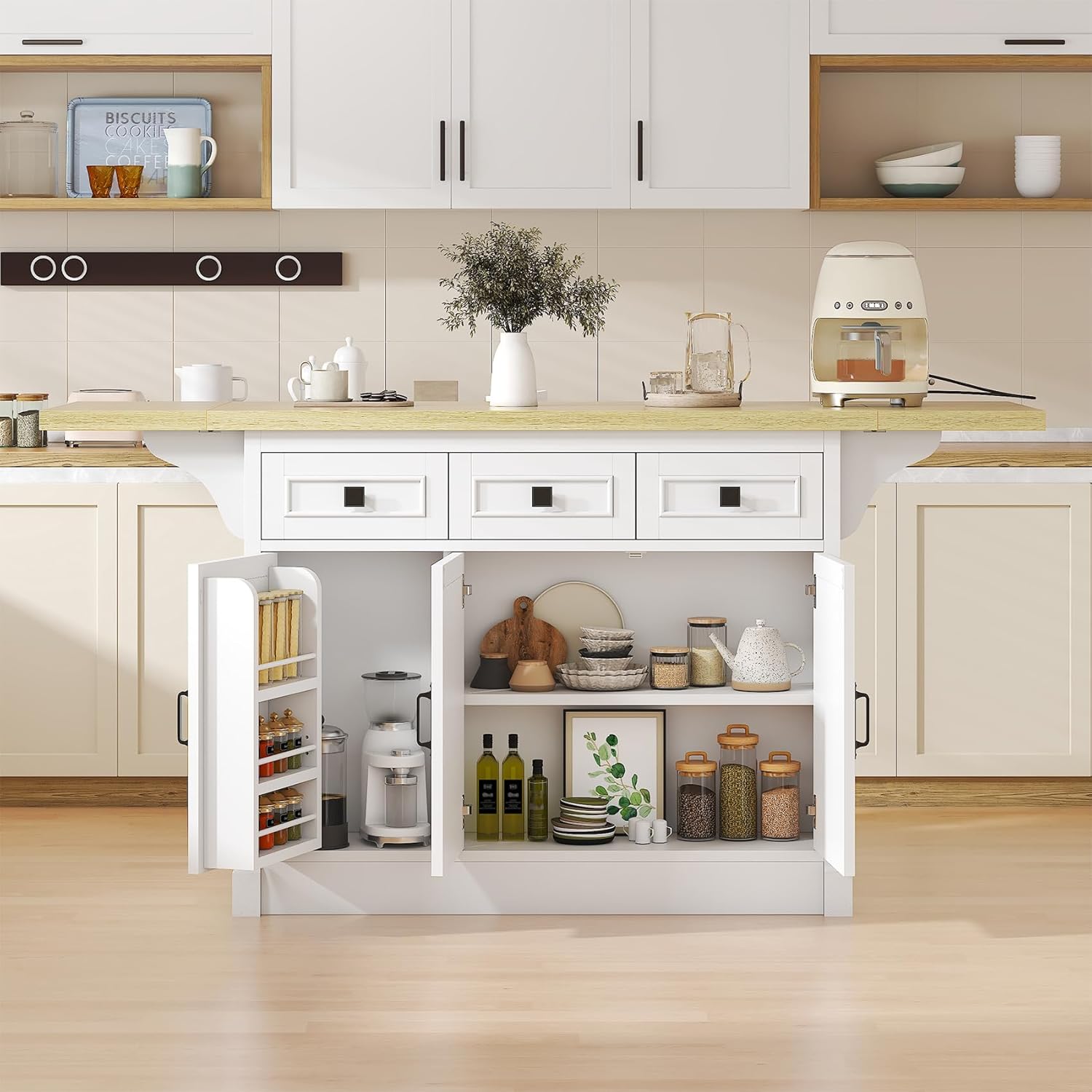 Bigbiglife 71.3 Large Kitchen Island with Drop Leaf, Power Outlet, Kitchen Island Cart w/ 3 Solid Drawers, Island Table with Trash Storage Cabinet & 3 Large Storage Rack, Spice Rack, White