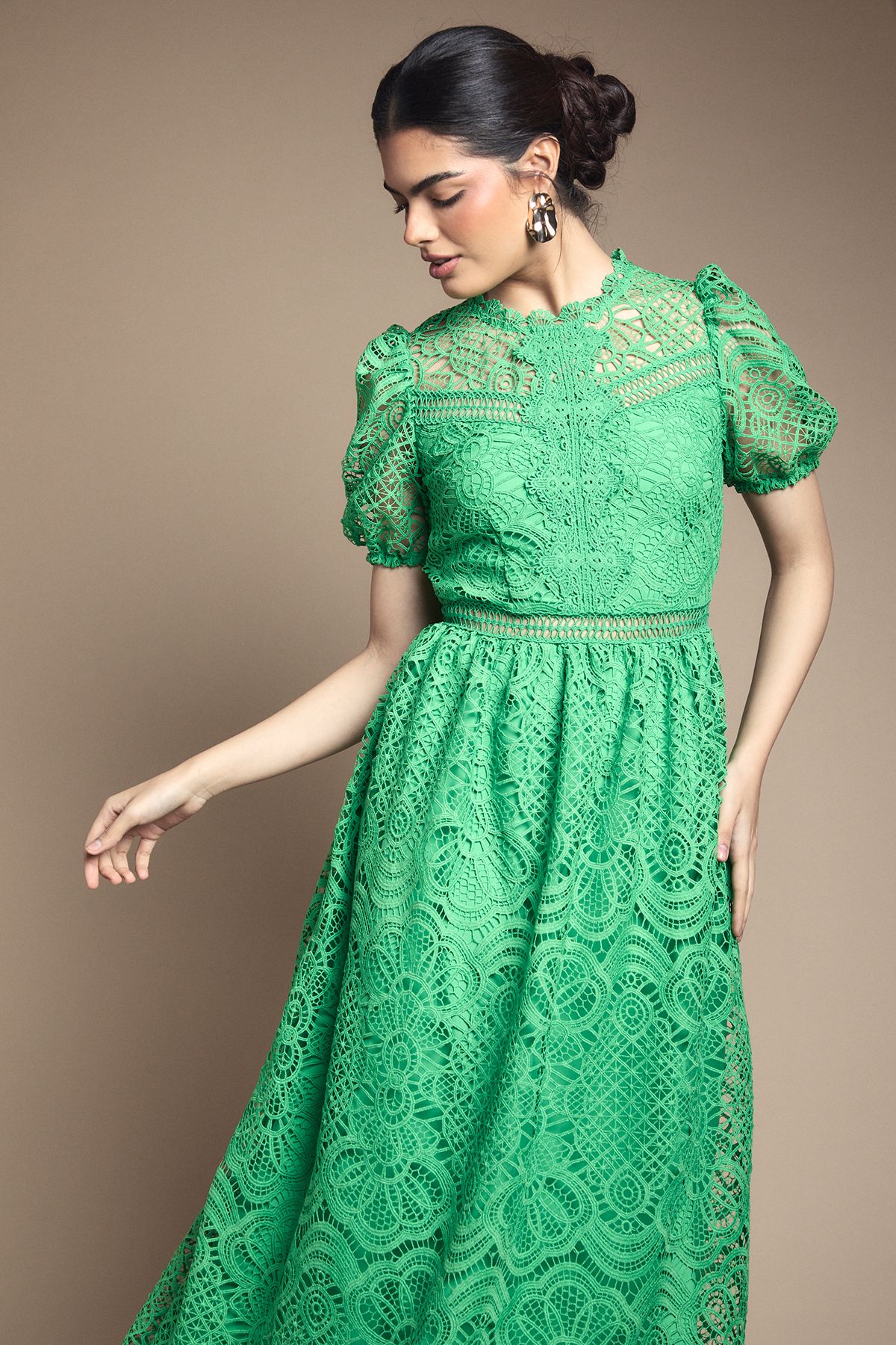 Oasis Lace Puff Sleeve Fit and Flare Midi Dress
