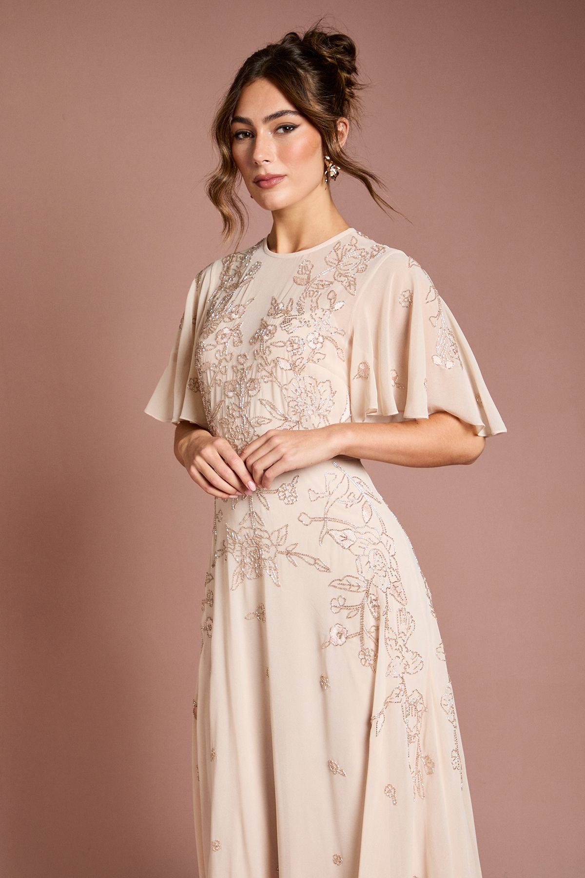 Coast Floral Embroidered And Beaded Angel Sleeve Maxi Dress