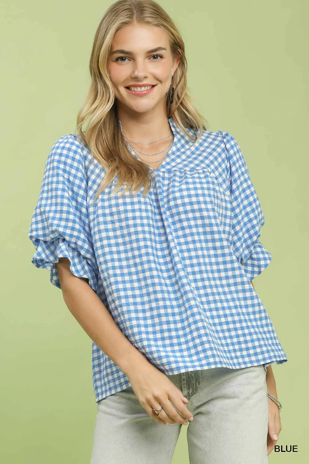 Gingham Check Blouse with Ruffle Sleeves