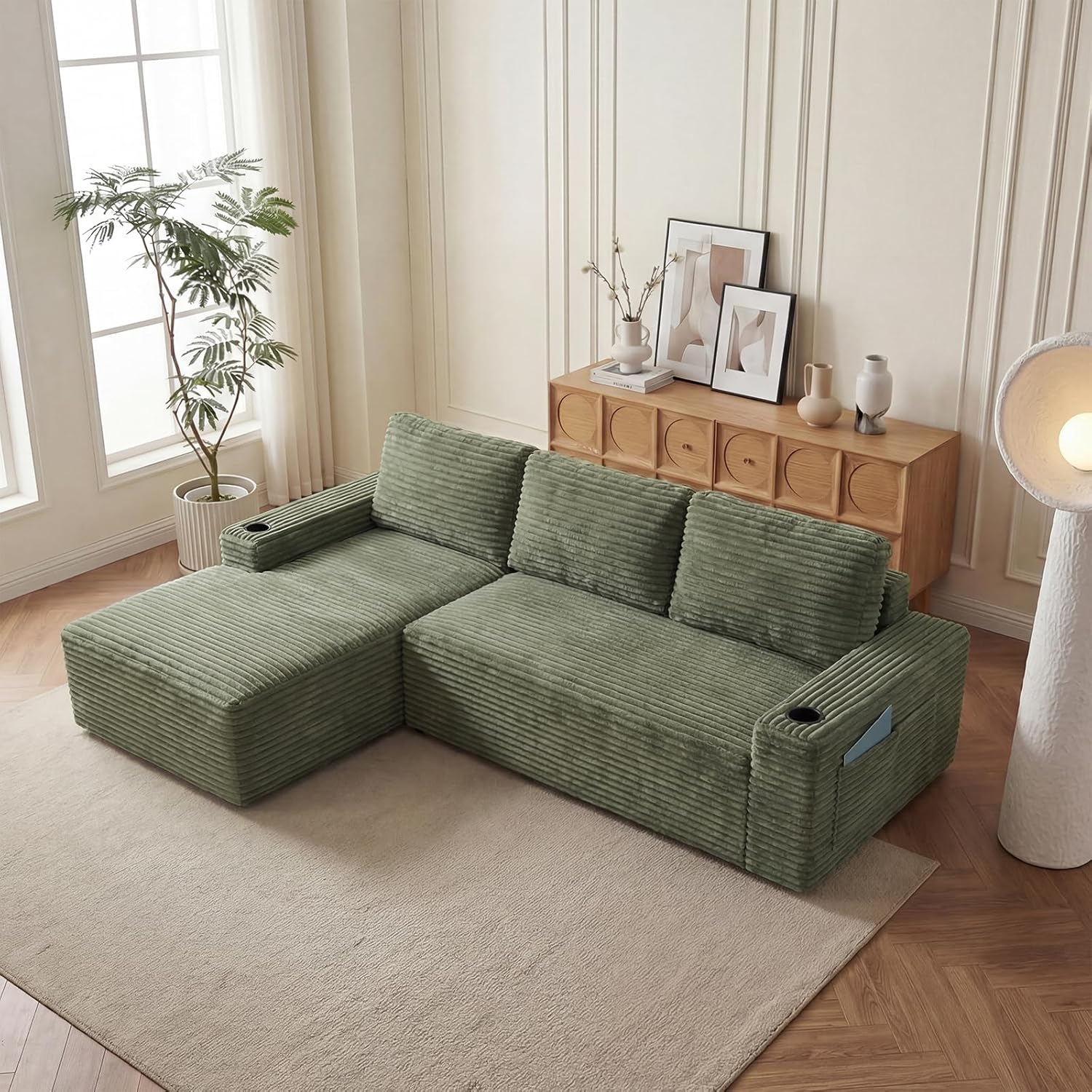 104 L Shaped Boneless Sectional Couches for Living Room, Comfy Corduroy Floor Cloud Sofa with Chaise and Cup Holder, Wide Armrest, Deep Seat, Assembly Free, Ideal for Small Spaces, Green