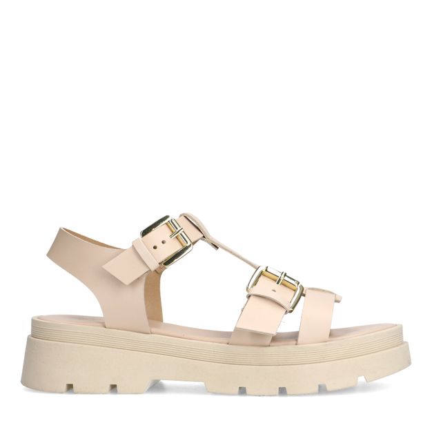 Beige leren plateau sandalen met goudkleurige buckles