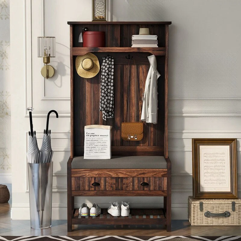69H Hall Tree with 4 Hooks Coat Hanger,Entryway Bench,Storage Bench,3-in-1 Design for Entrance,Hallway