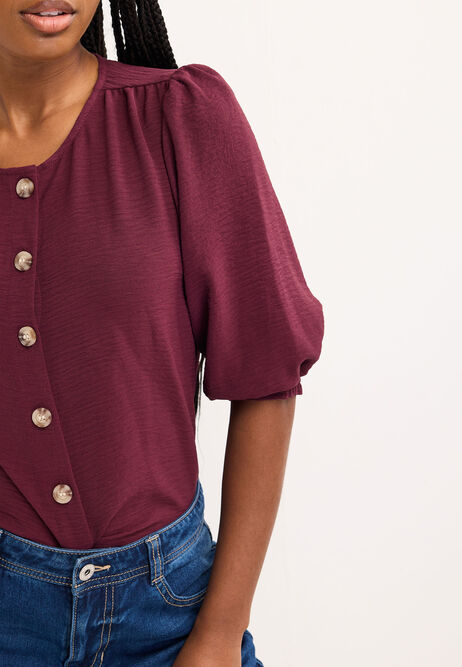 Womens Burgundy Button Through Blouse Top