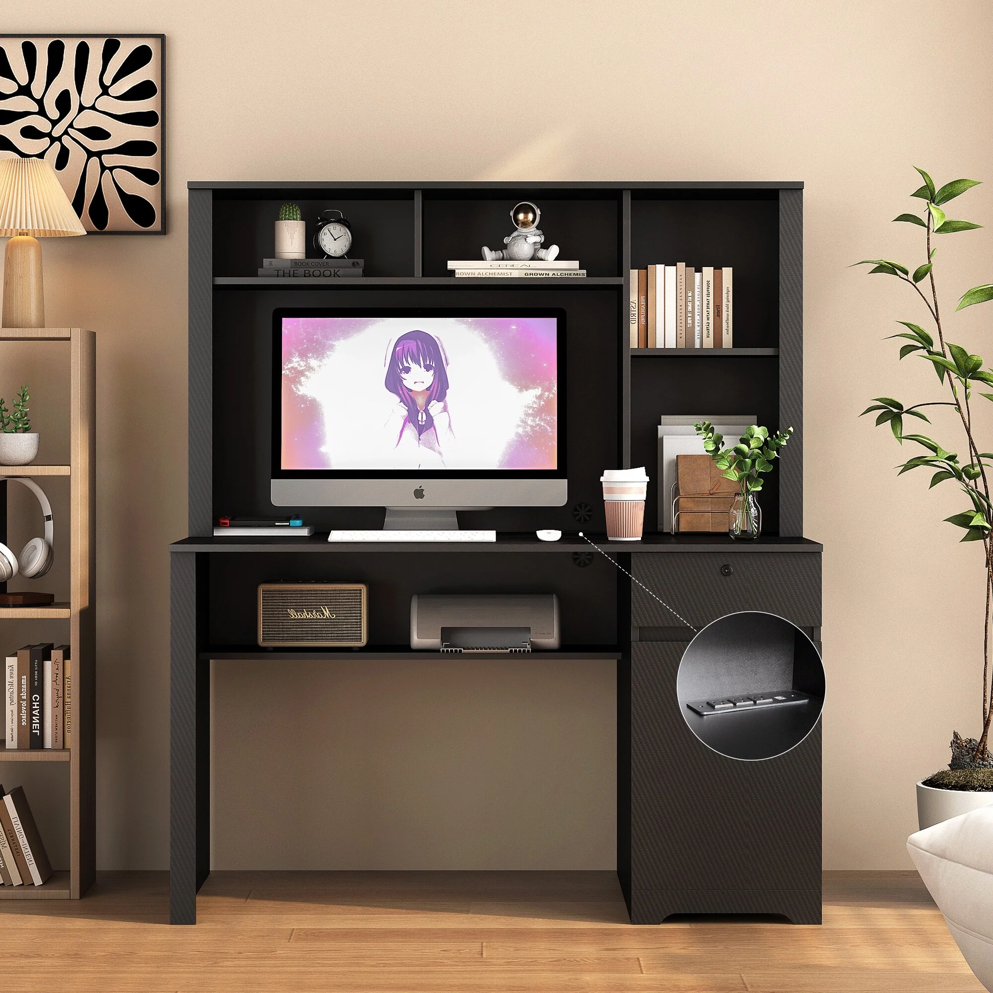 Wooden Computer Desk with Hutch & Bookshelf, Executive Desk Home Office Desk with 3 AC Outlets and 2 USB Charging Ports