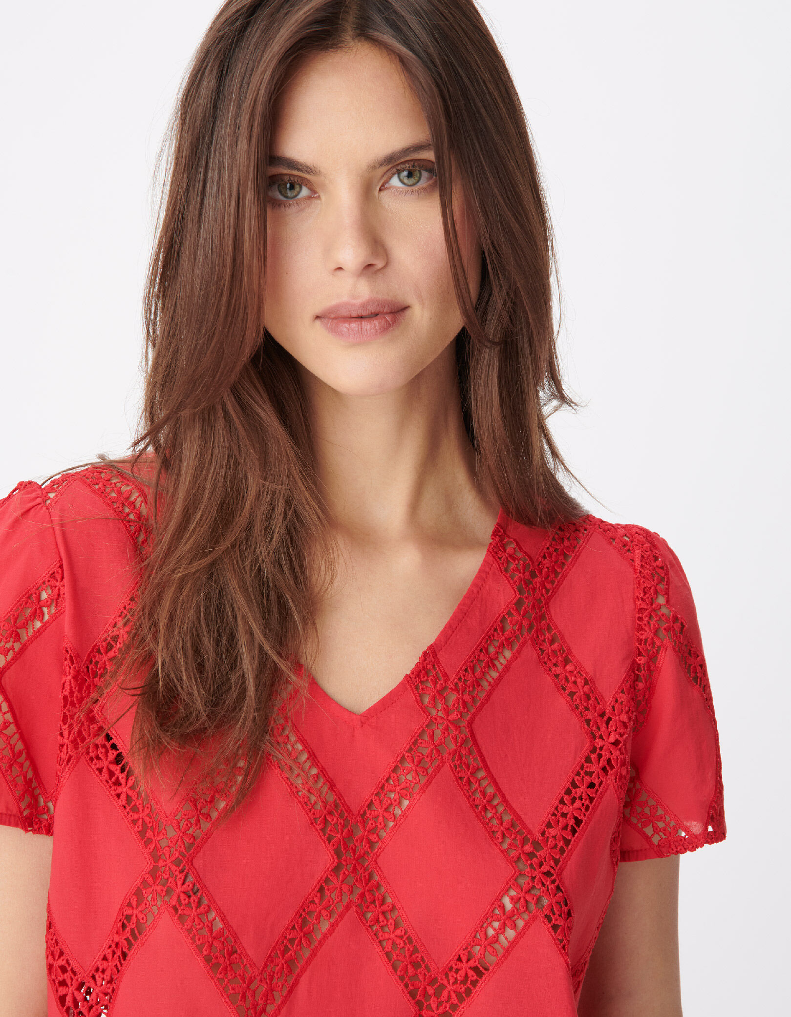 Blouse rouge galons dentelle réversible devant/dos Femme