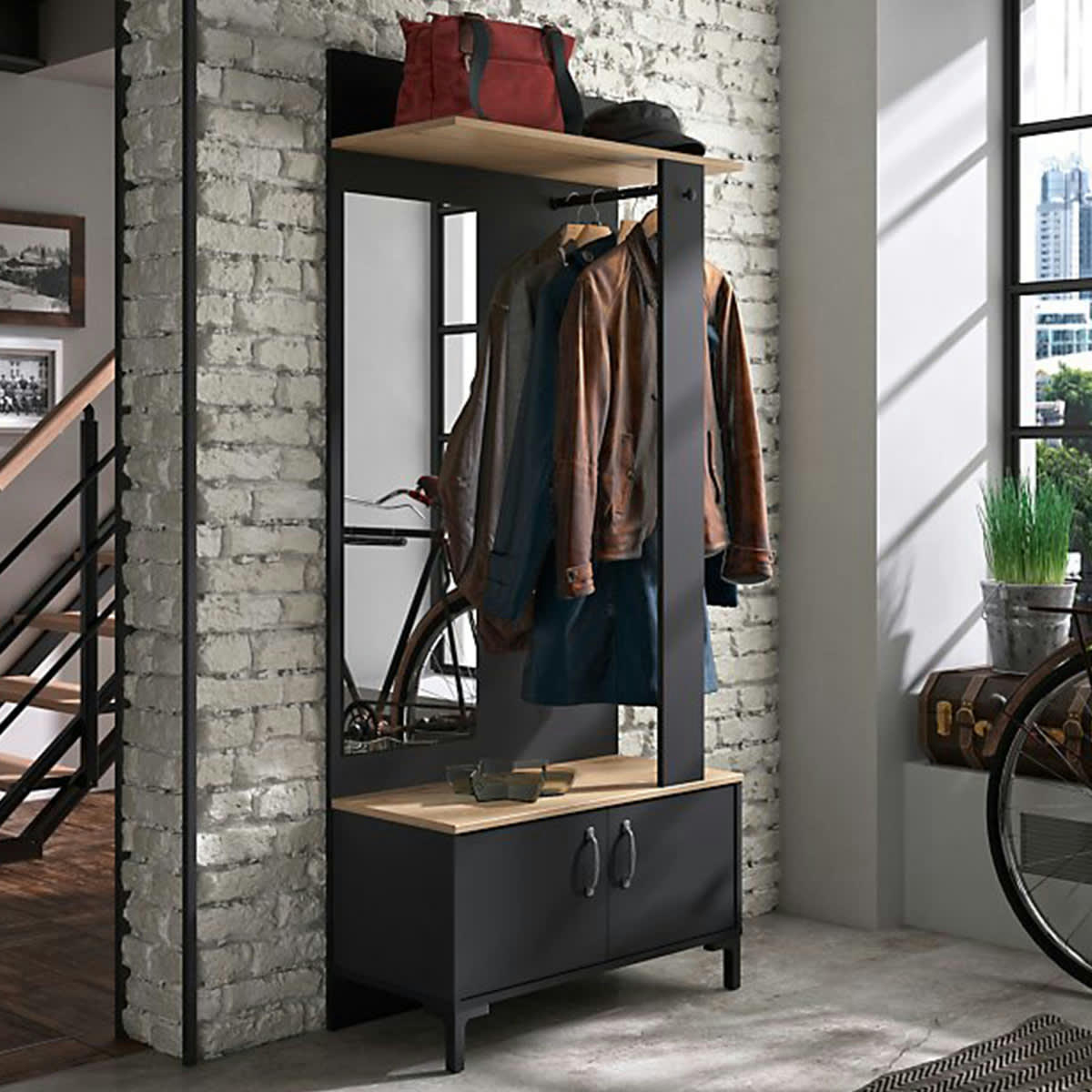 GRANDAL - Meuble entrée 2 portes 1 miroir effet chêne noir