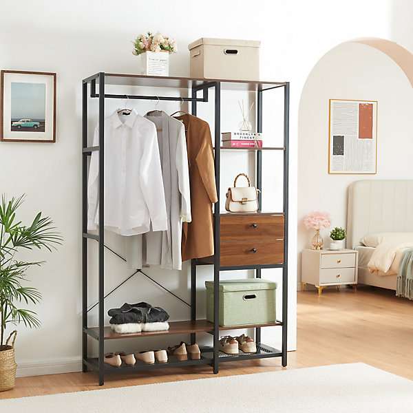 Ensemble de 3 portants à vêtements Larem 7 étagères armoire noir effet noyer en.casa