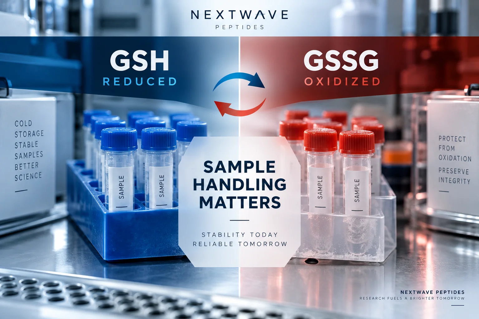 Glutathione research vials in a cold laboratory workflow with a split display comparing reduced GSH and oxidized GSSG sample handling.