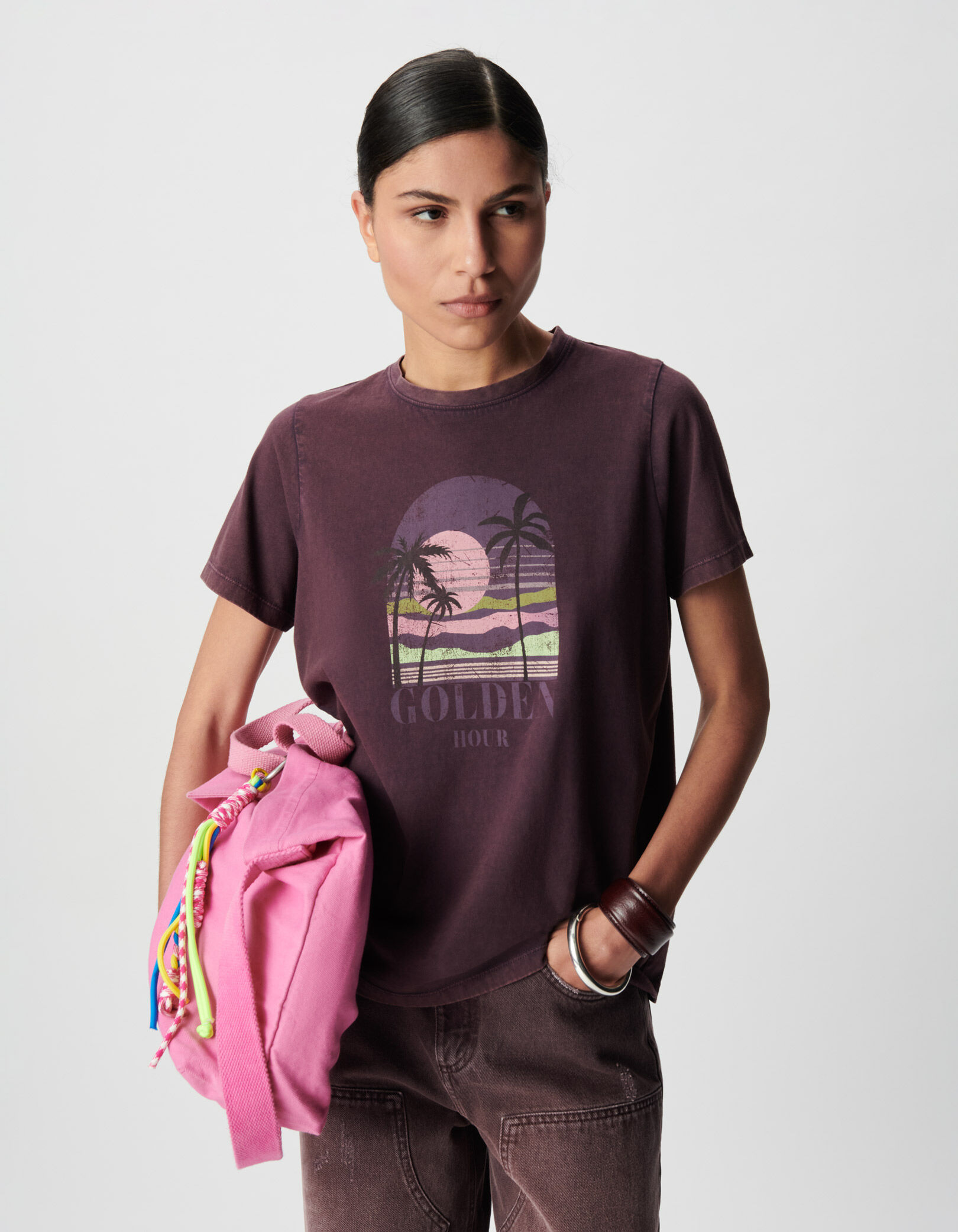 Tee-shirt col V magnum coton bio visuel palmiers Femme