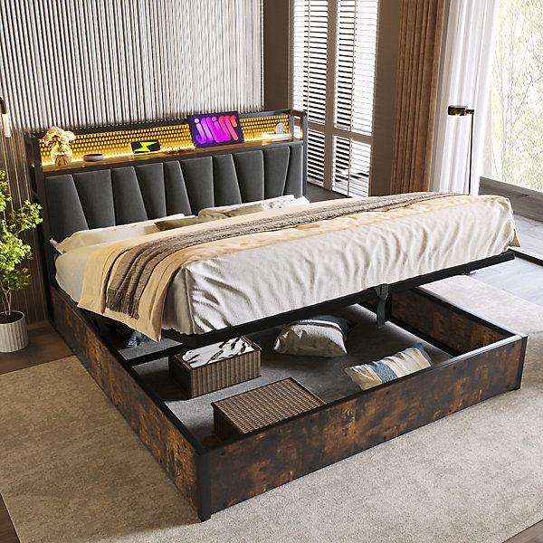 Lit 160x200 cm avec tête de lit LED contrôlable par application, prises USB et coffre, cadre métal gris