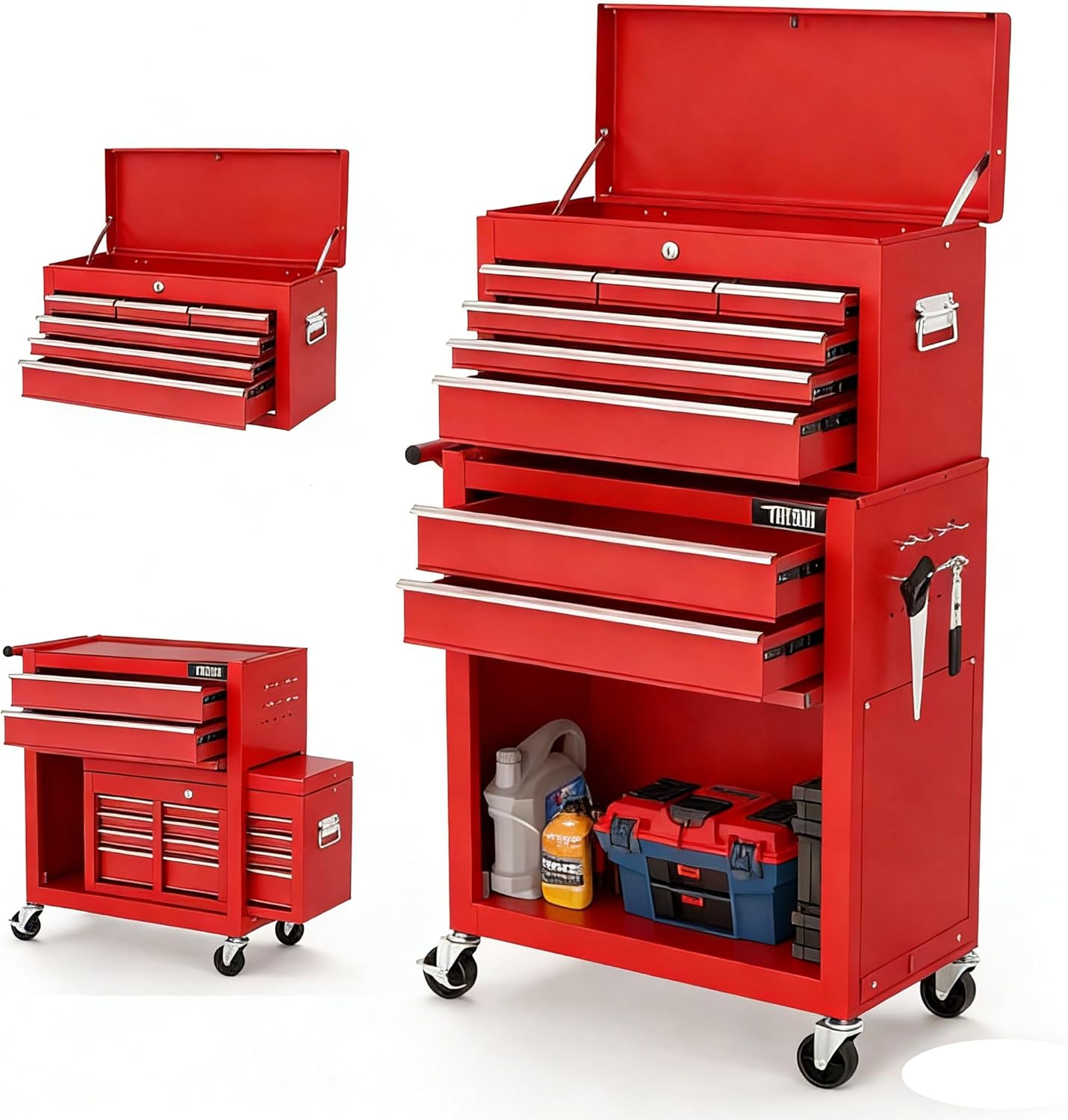 TUFFIOM 8-Drawer Rolling Tool Chest, Wheeled Tool Storage Cabinet w/Detachable Top, Drawers & Side Hooks, Mechanic Tool Organizer Box for Garage Warehouse Repair Shop