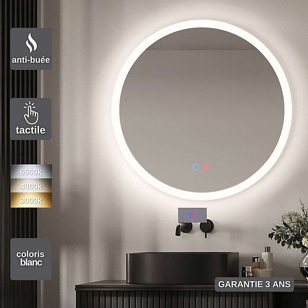 Miroir Salle de Bain LED Rétro-éclairé Réglable D100cm - Contour Blanc- Commandes Tactiles On/Off &Anti-Buée - TORINO LEDIMEX