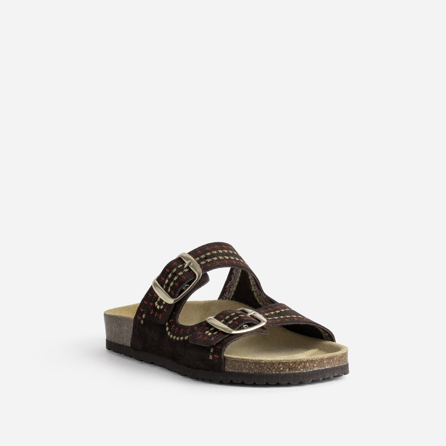 Mule anatomique marron cuir velours brodé
