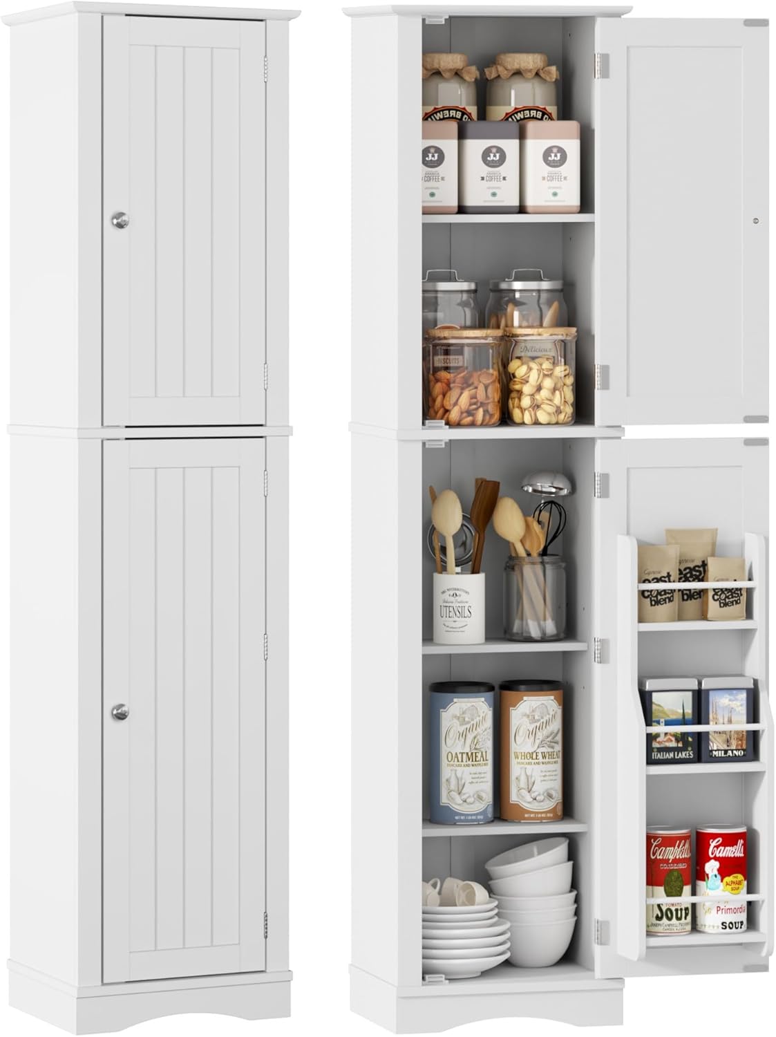 Function Home Tall Bathroom Storage Cabinet, 64 Slim Kitchen Pantry with Door Storage, Narrow Wood Freestanding Cabinets with Adjustable Shelves for Kitchen Living Room Dining Room, White