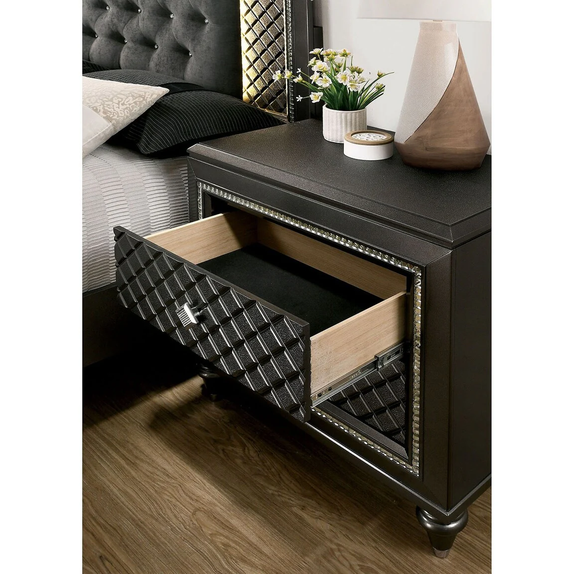 2 Drawers Wooden Nightstand with Pebbled Texture Design