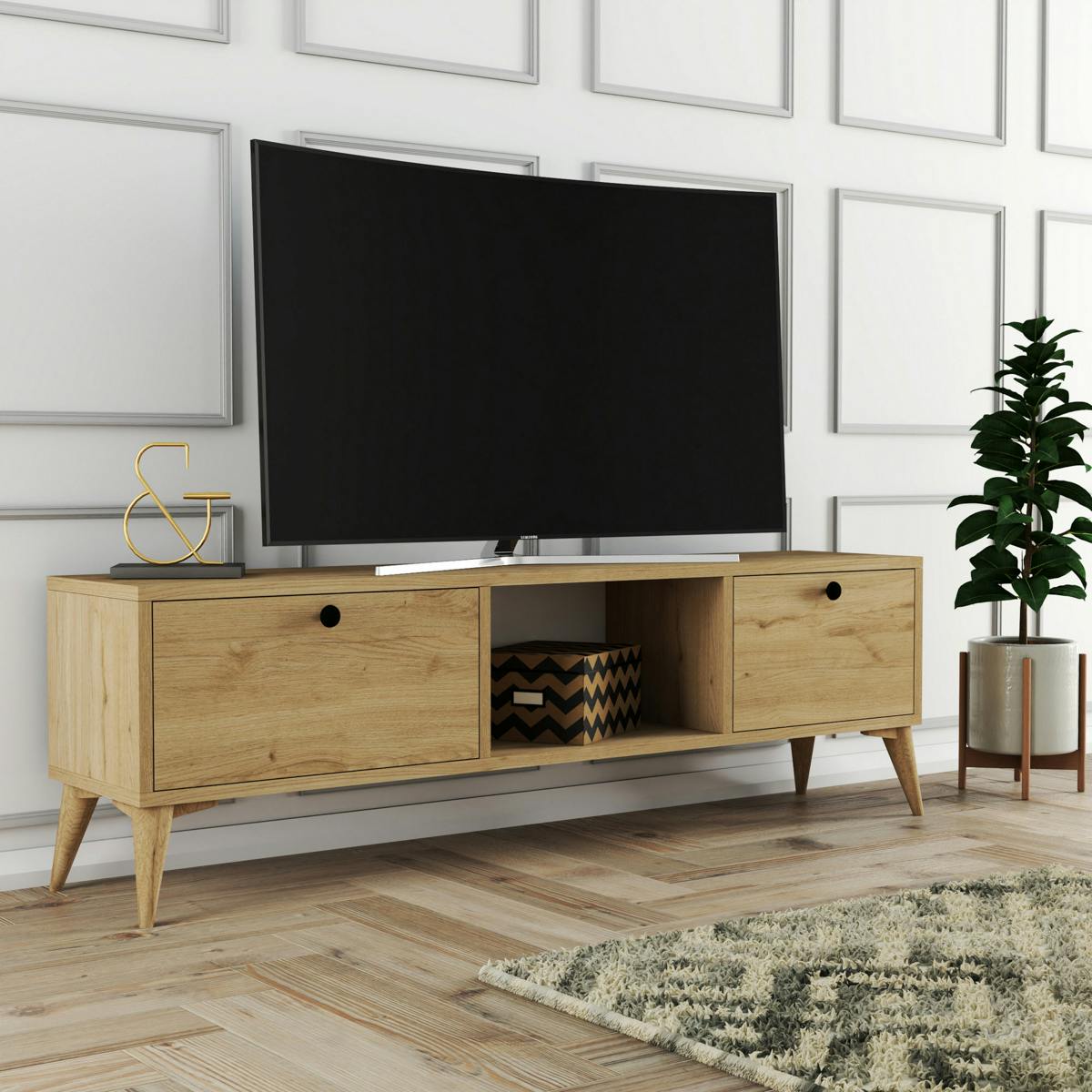 Meuble TV scandinave décor bois 2 portes 1 niche UMEA