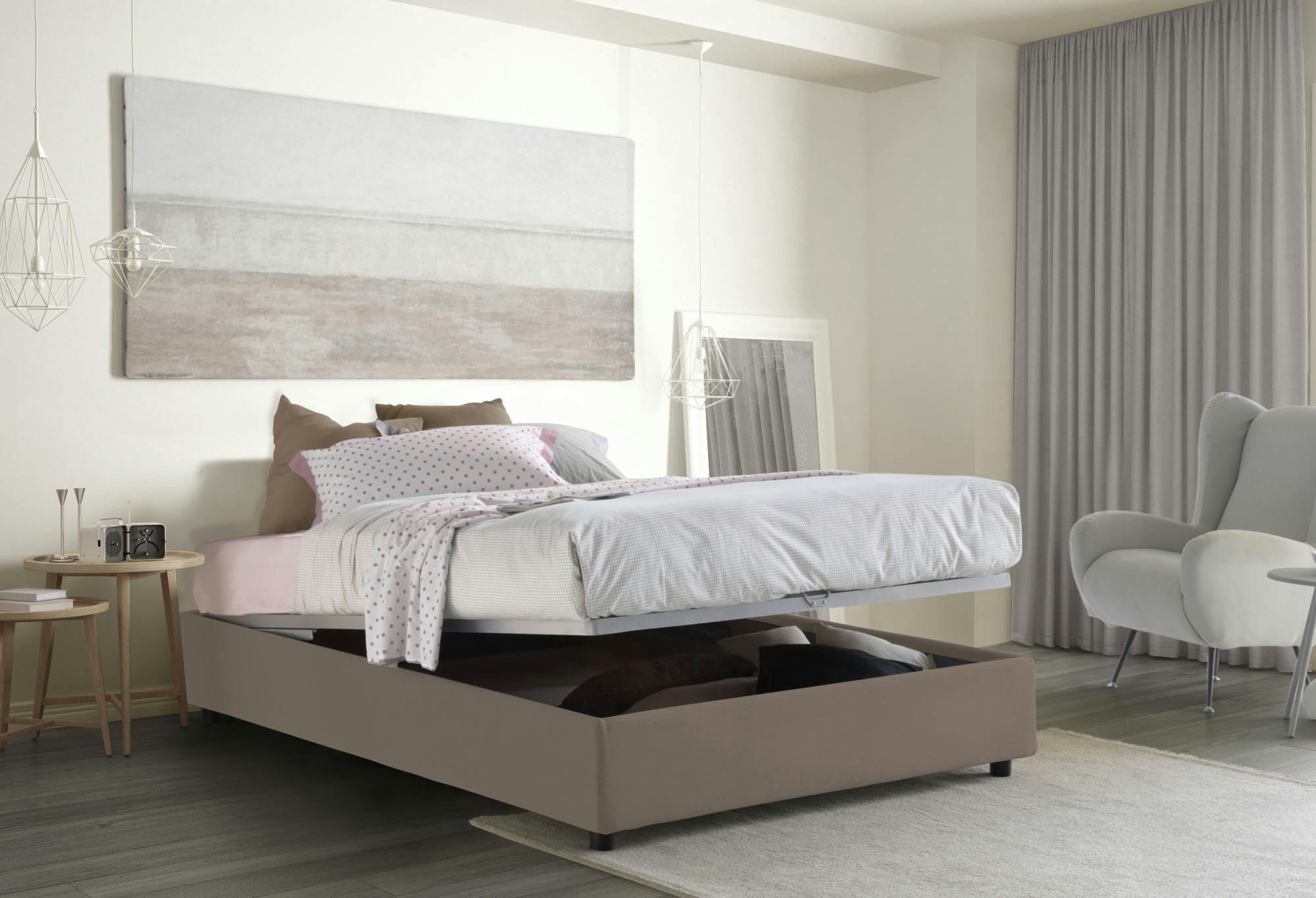 CHLOE - Lit coffre 140x200 cm en tissu gris taupe