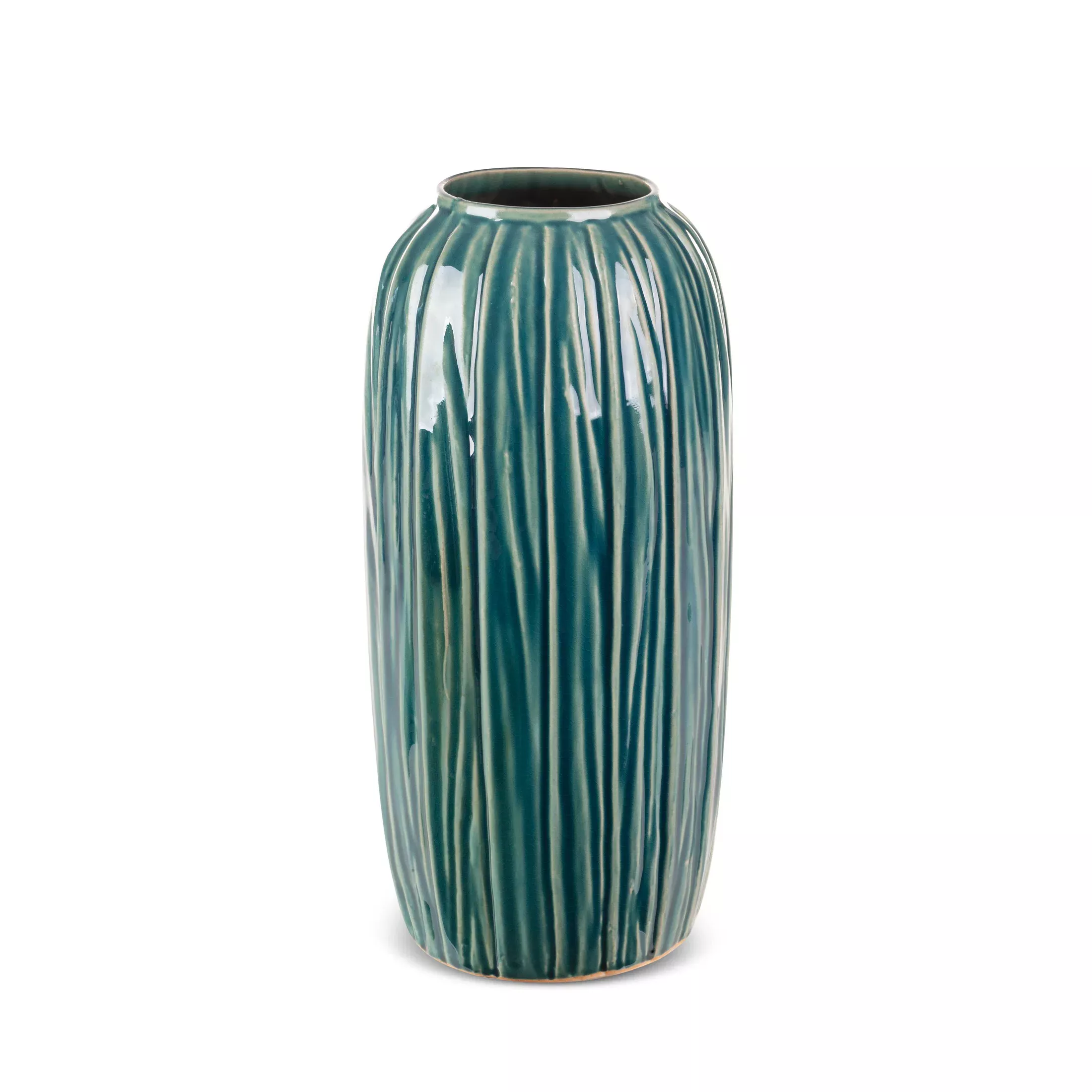 Wazon ceramiczny zielono-beżowyw stylu boho w prążki średnica 17x36 cm