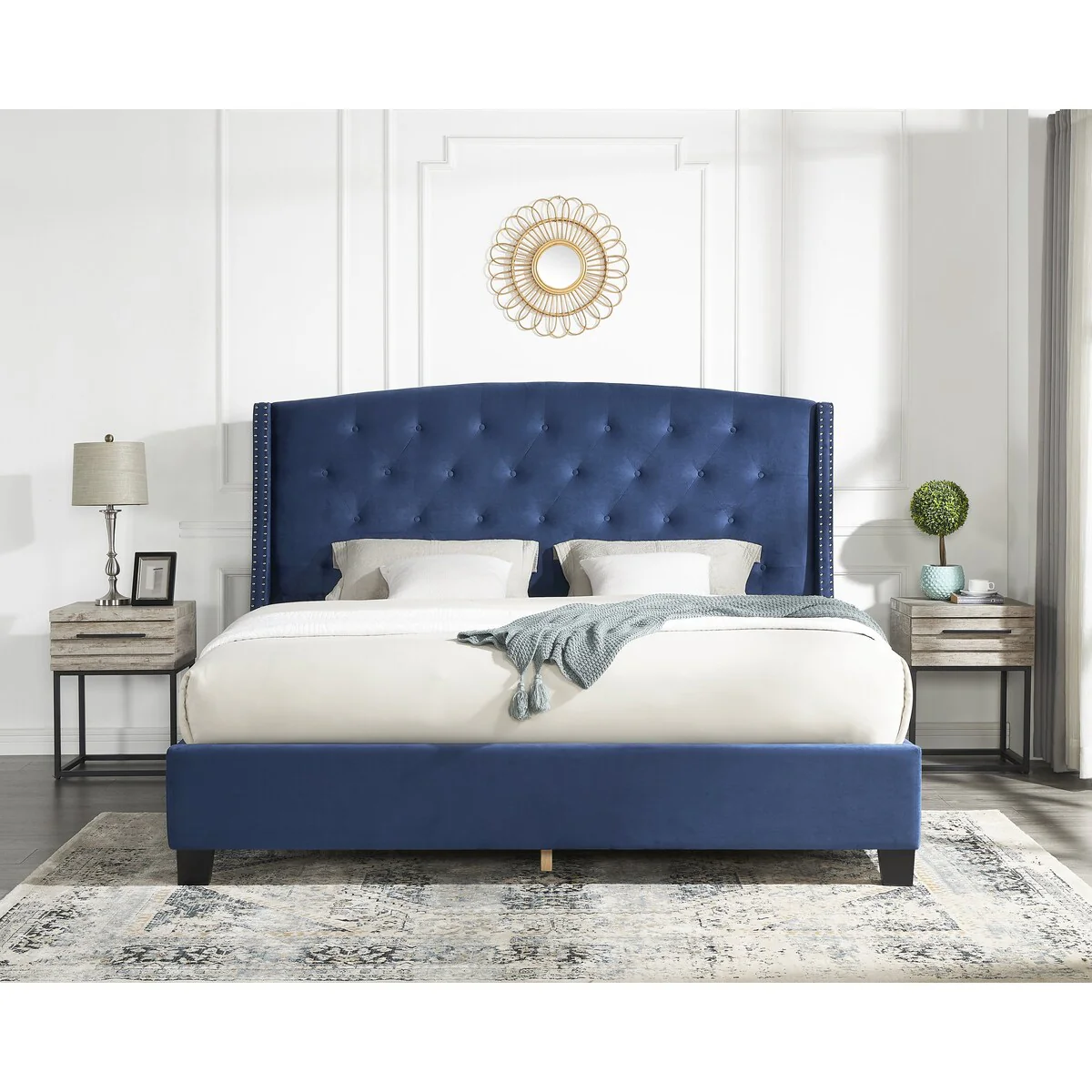3-Piece Upholstered Bedroom Set, Tufted Velvet Wingback Bed with Two Nightstands