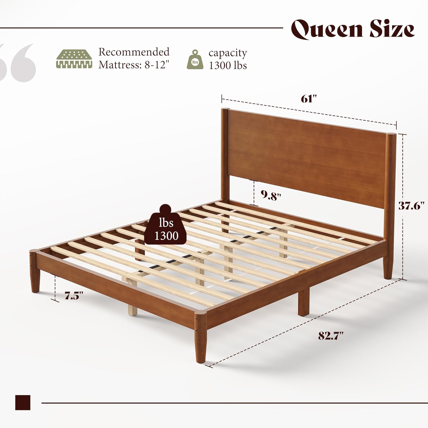 AMERLIFE Solid Wood Queen Bed Frame, Mid Century Modern Platform Bed with Full Panel Headboard, Wooden Bed with Cylindrical Legs, No Box Spring Needed & Noise-Free, Brown Walnut