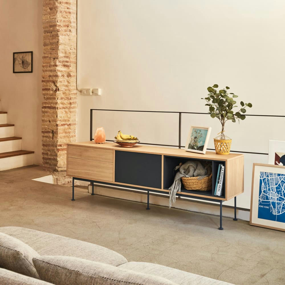 YOKO - Meuble tv 1 porte 2 tiroirs en bois L180cm gris anthracite