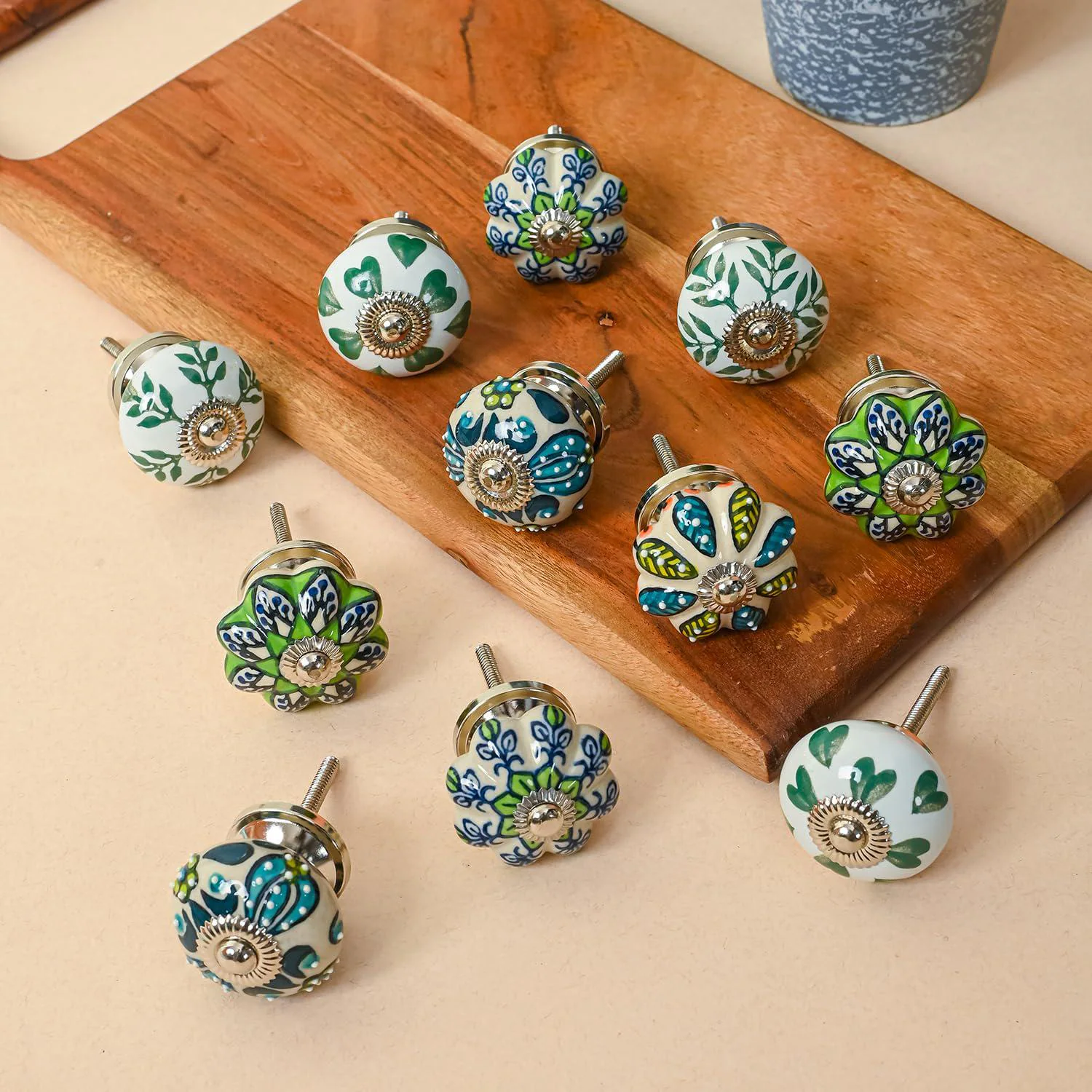 Set of 12 Ceramic Green Knobs | Vintage Garden Drawer Pulls | Hand-Painted Dresser Handles | Unique Cabinet Hardware |Cupboard Door Knob Set
