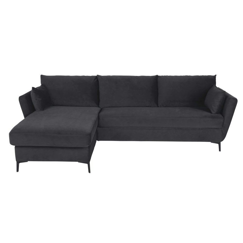 Prague - Canapé d'angle gauche convertible 2/3 places en velours gris anthracite, matelas 10 cm