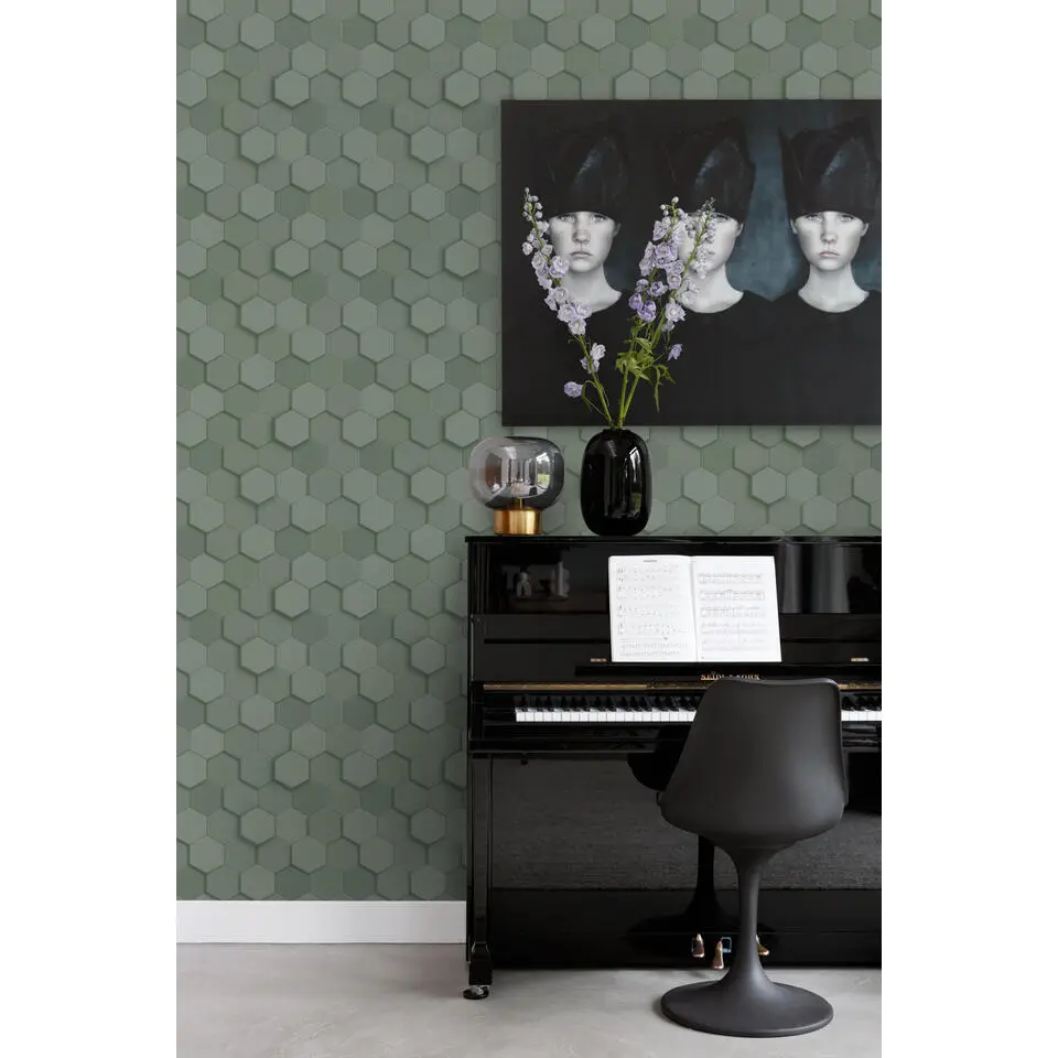 Origin Wallcoverings behang 3d hexagon motief vergrijsd groen - 53 cm x 10.05 m