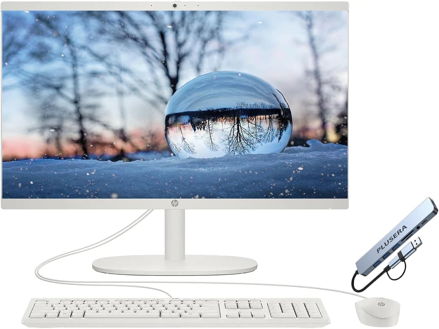 HP 21.5 FHD All-in-One Desktop Computer  32GB RAM 128GB UFS  Quad-Core Intel N100  Windows 11  Keyboard & Mouse  PLUSERA 8-in-1 Hub Included  Cashmere White