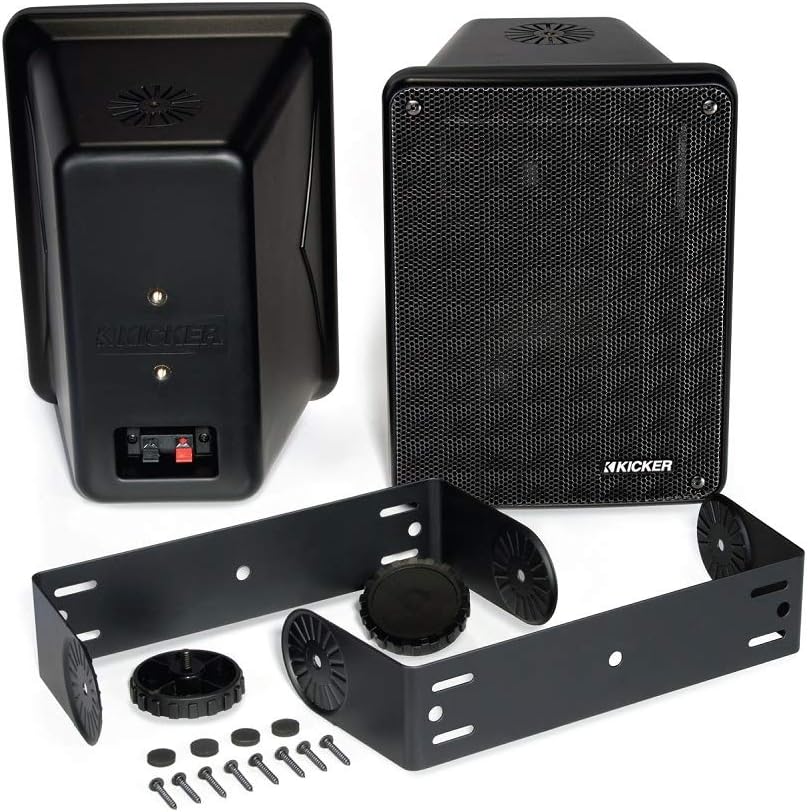 KICKER KB6B 2-Way Full Range Indoor Outdoor Speakers (Pair) Weatherproof Speakers for Patio Garage Poolside in-Home, 6.5 inch woofer, 2x5 inch Horn Tweeter Black