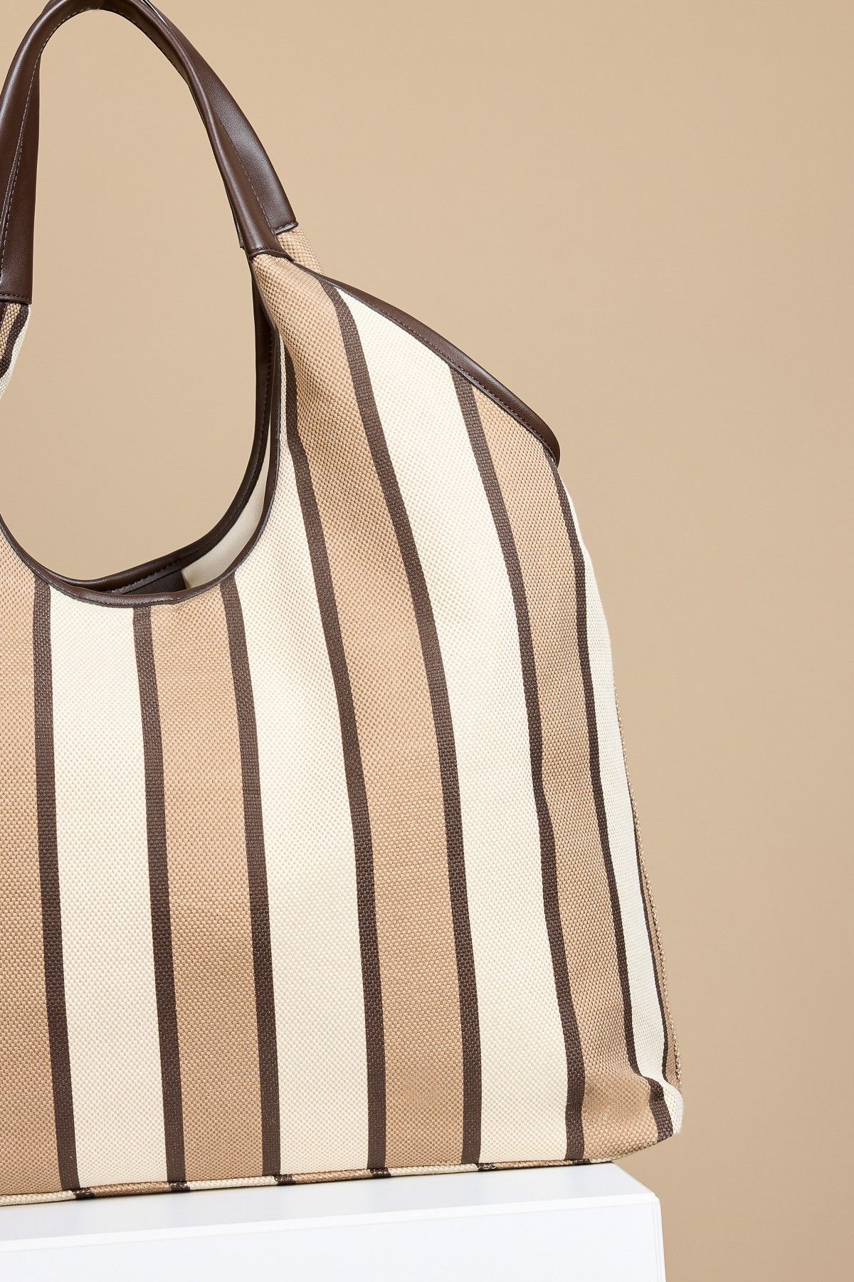 Little Mistress Camel & Cream Stripe Fabric Oversized Shopper Bag