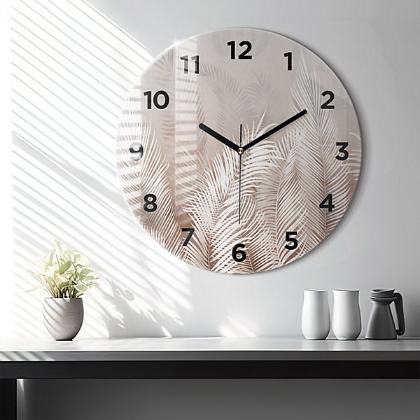 Horloge murale Wallfluent fi60 cm Avec chiffres Aiguilles noires Feuilles tropicales boho 1 pcs