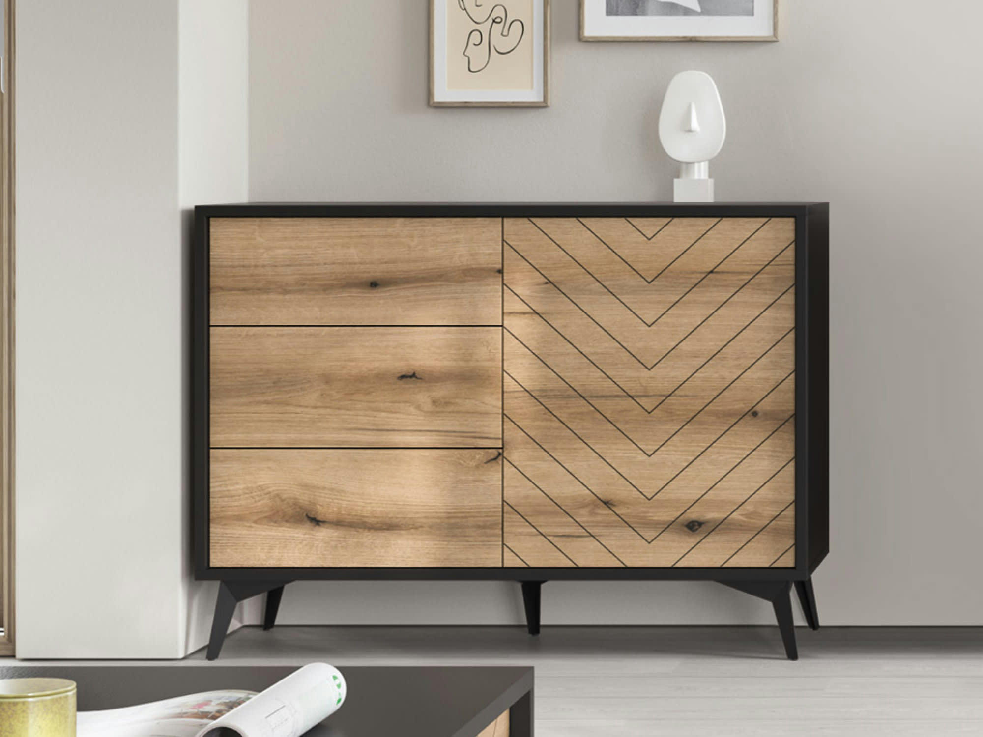 PETER - Buffet bas industriel 104 cm noir / bois