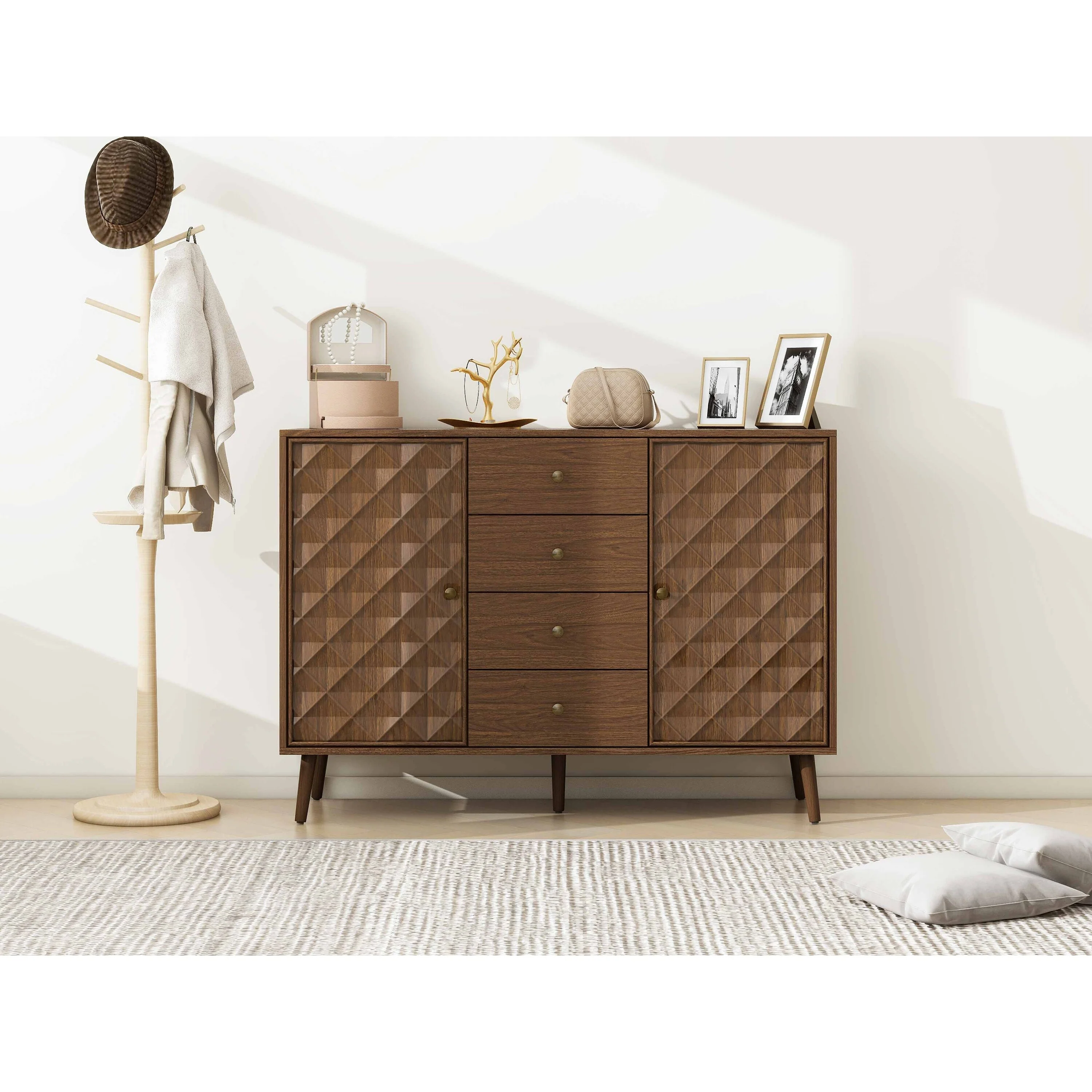 Horizontal Dresser with 4 Drawer, 2 Door Cabinet, Suitable for Bedroom, Living Room