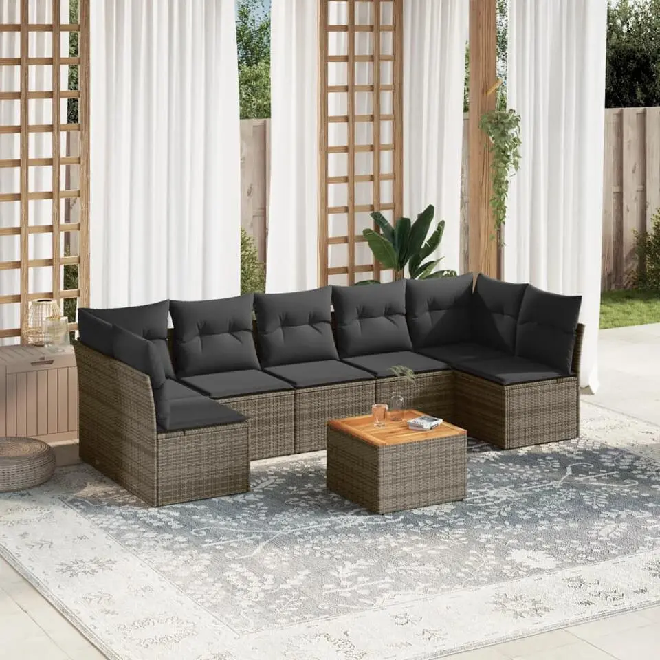 vidaXL Loungeset met kussens en hout salontafel - Grijs - Poly rattan - 8 stuks