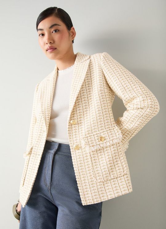 Julia Camel Tweed Check Pocket Detail Jacket