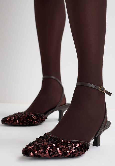 Womens Brown Sequin Kitten Heel Slingback Pumps