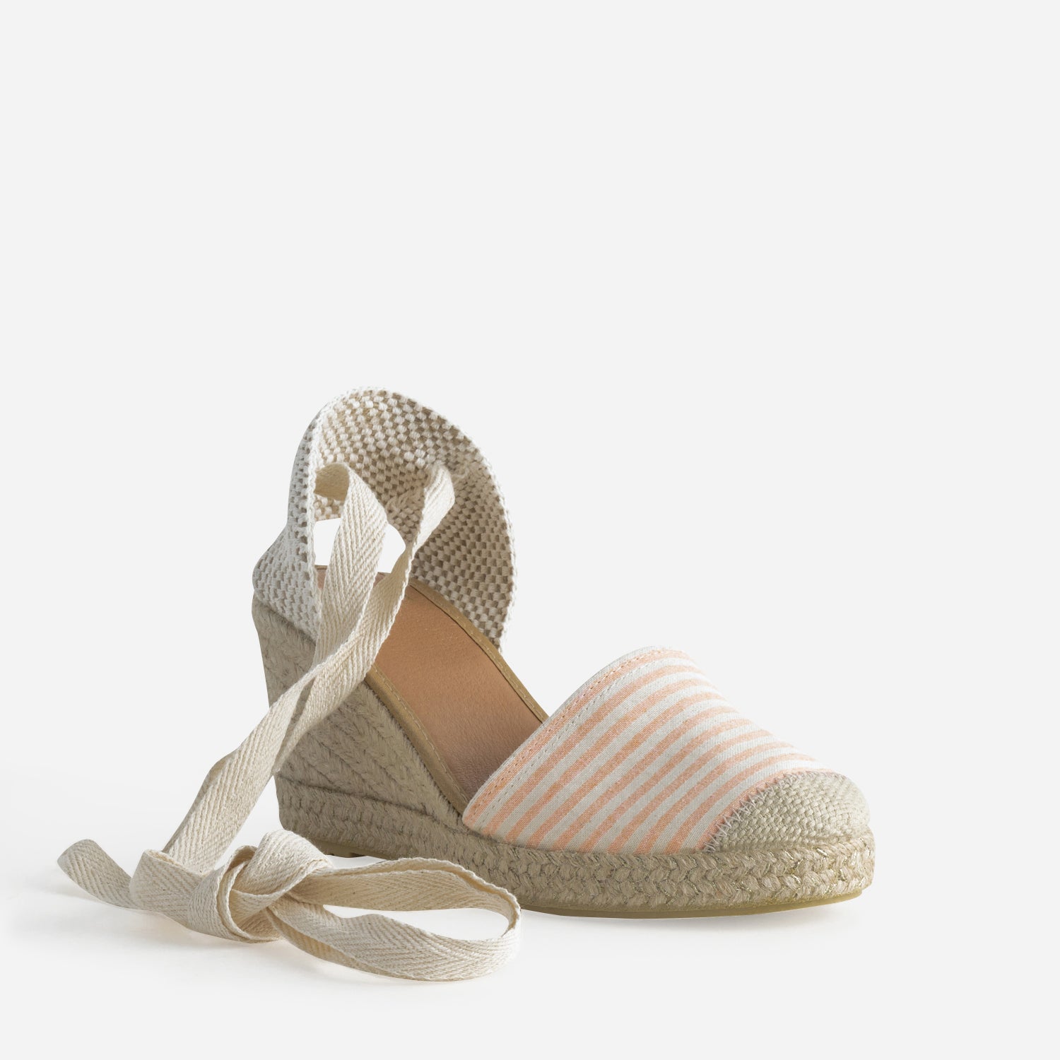 Espadrille compensée écrue toile rayée corail