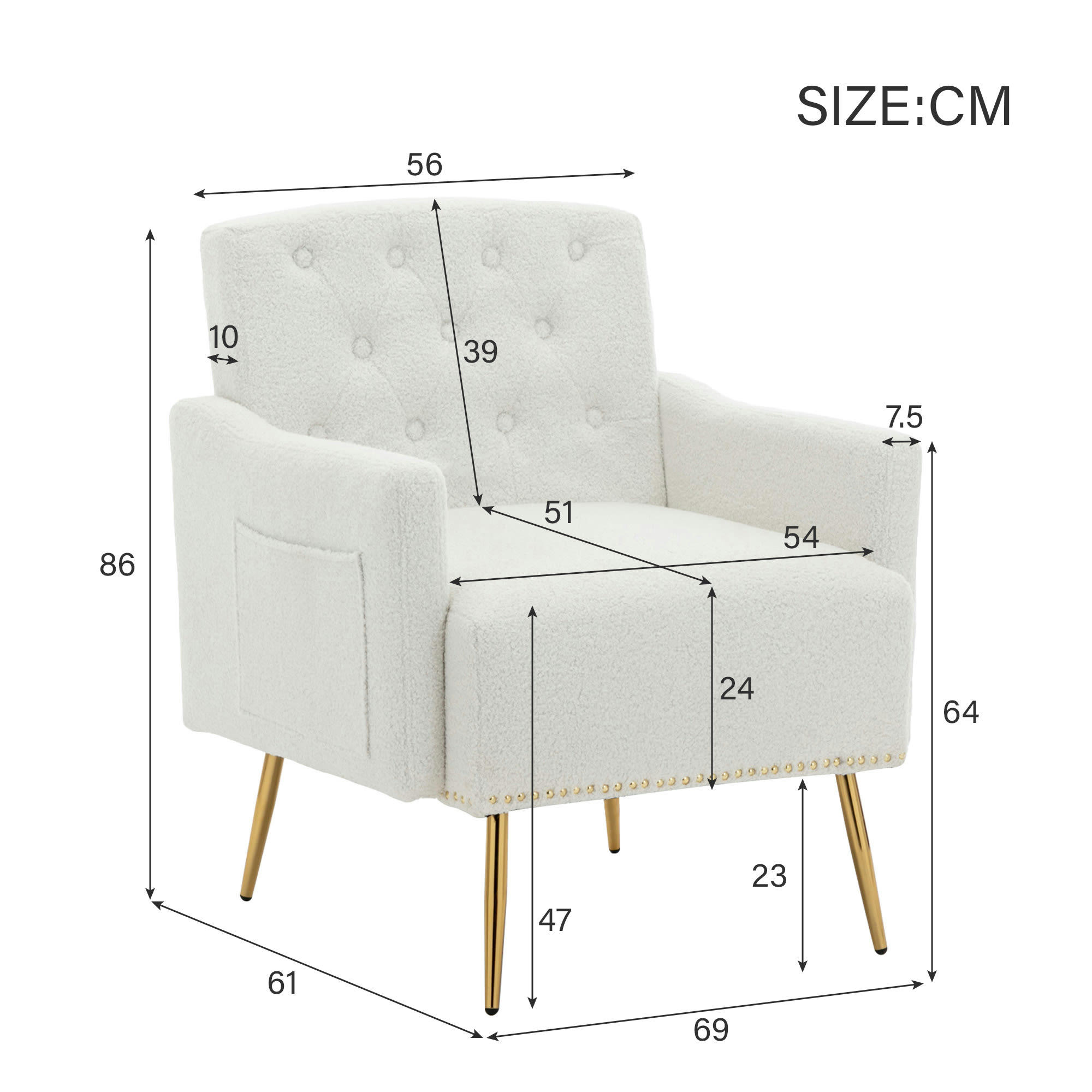- Fauteuil moderne blanc avec poches latérales rembourré pieds dorés