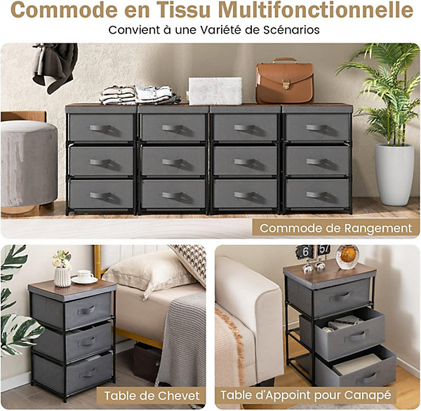 Lot de 2 Commodes de Rangement 3 Tiroirs, avec Tiroirs en Tissu, avec Tiroirs Amovibles et Pliables (30P x 40l x 62H cm)