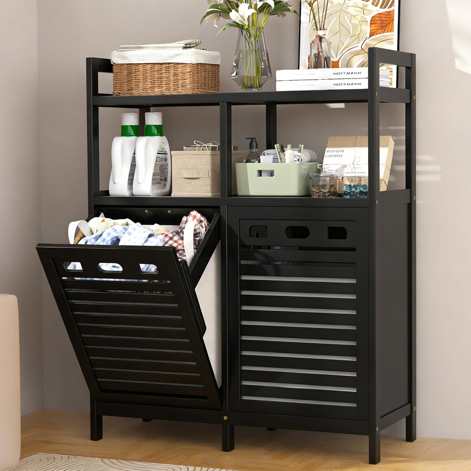 VASMIA Tilt Out Laundry Hamper Cabinet, Bamboo Double Laundry Hamper with 2 Removable Laundry Baskets, 20 Gal Laundry Sorter Organizer with Shelf for Dirty Clothes, Bathroom, Laundry Room, Black