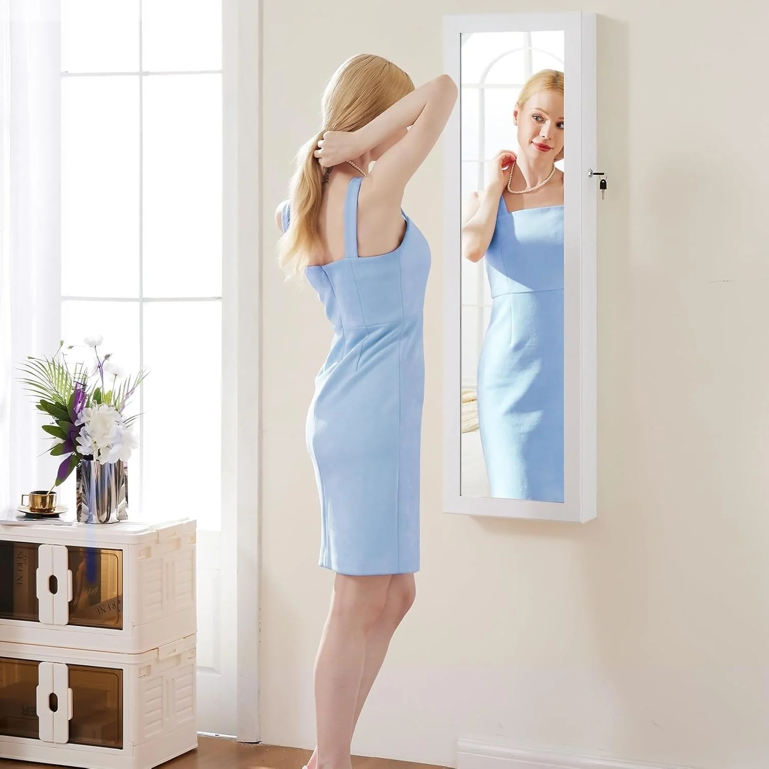 Jewelry Organizer Cabinet, 47.2-Inch Lockable Jewelry Armoire with Full-Length Mirror, Wall or Door-Mounted, Large Storage 6 LED