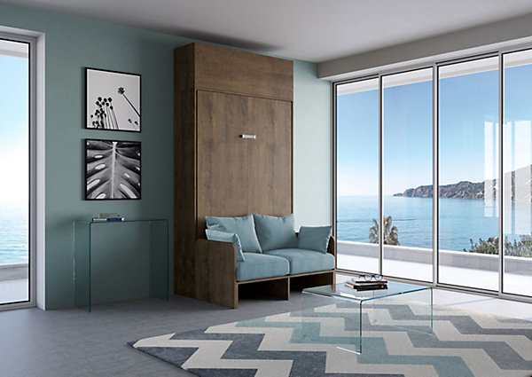 Lit double escamotable français Kentaro 140 cm avec canapé et élément mural en noyer, bleu clair