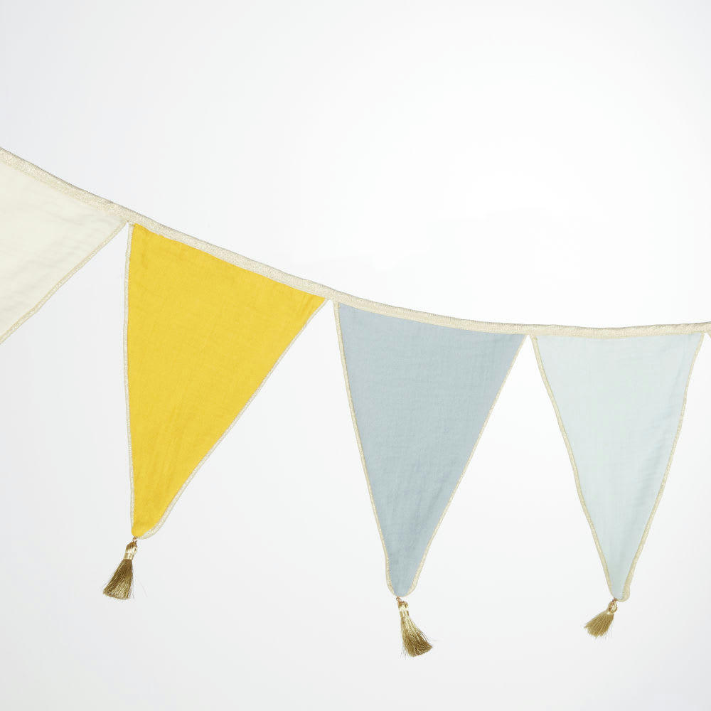 ANOUK - Guirlande fanions unis multicolore gaze de coton avec biais et pompoms dorés L210