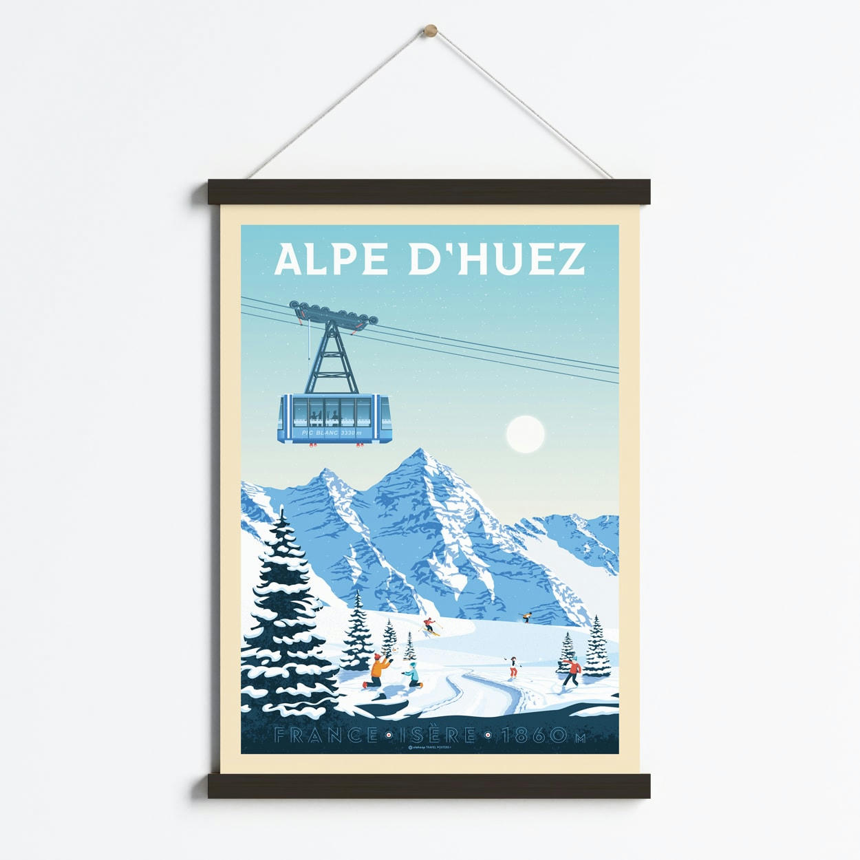 - Affiche Alpe d'Huez France + Cadre Magnétique (Bois Noir) 50x70 cm
